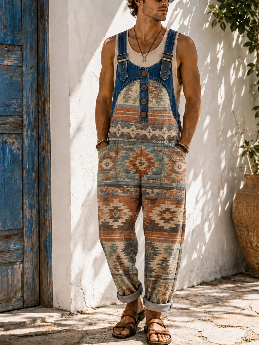 Men's Retro Art Print Casual Sleeveless Denim Patchwork Jumpsuit